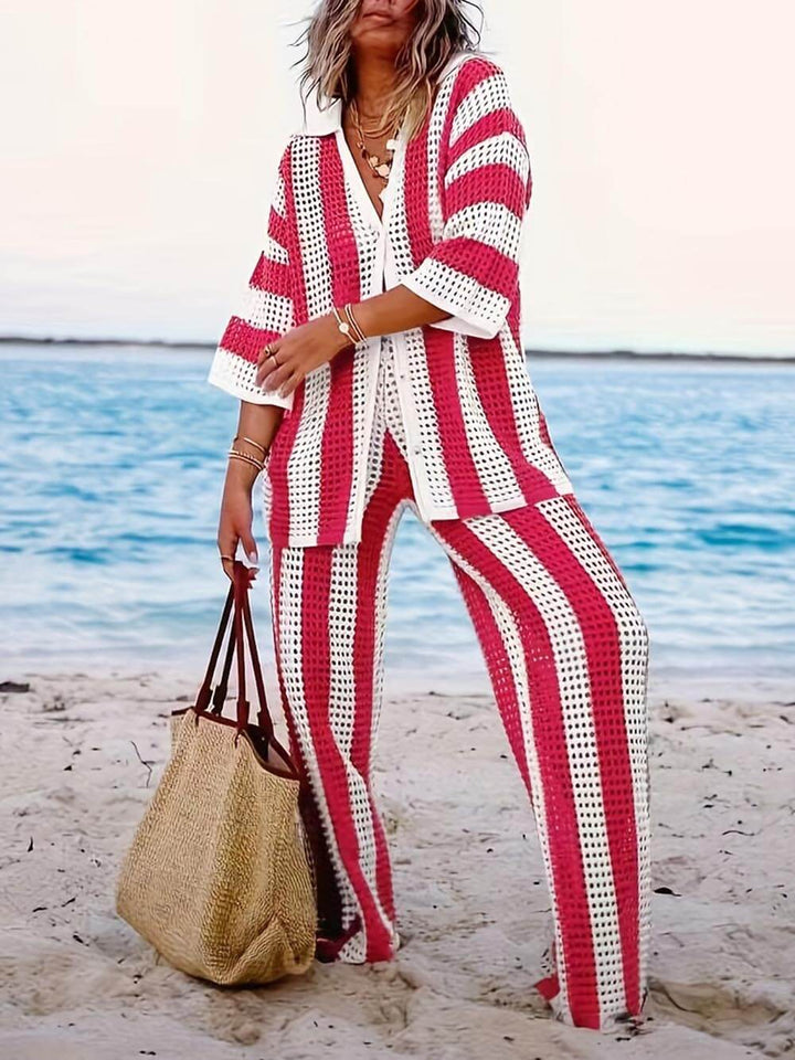Amelia™ - Striped Hollow Out Top And Pants Set