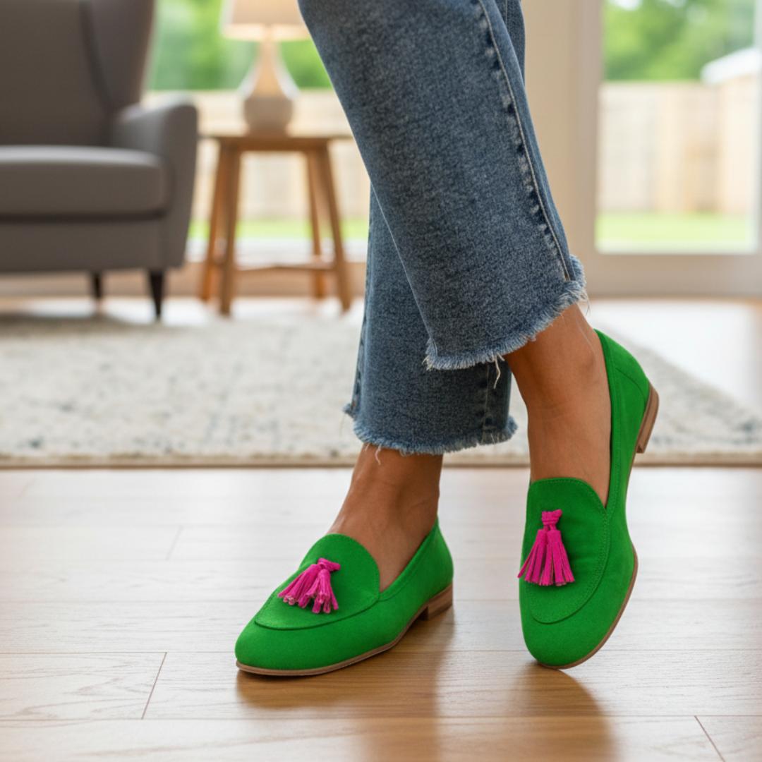 GREEN LOAFER WITH FUCHSIA TASSEL