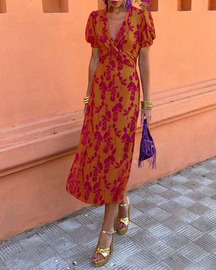 Aria™ - Chic Deep V-Neck Dress with Leaf Design