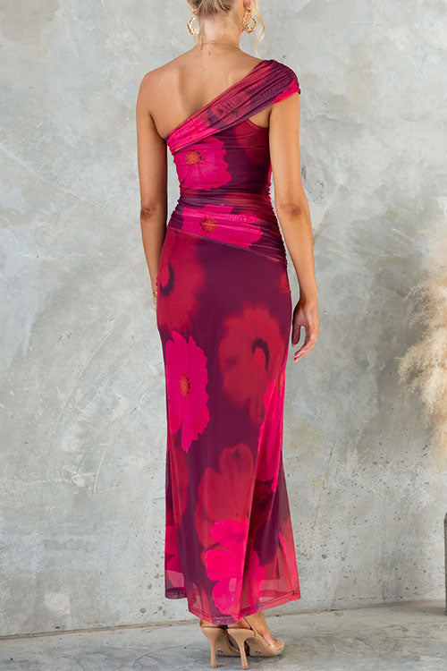 Marianne - One Shoulder Floral Print Mesh Bodycon Maxi Dress