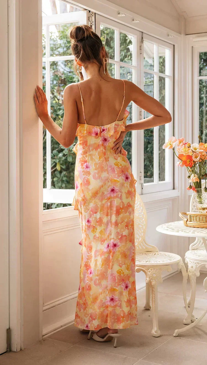 Luneth - Floral V-Neck Backless Maxi Dress