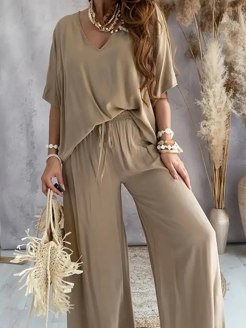 Mia™ - Casual V Neck Top with Wide Leg Pants Set