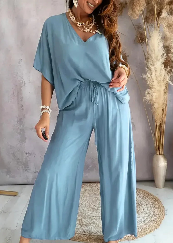 Mia™ - Casual V Neck Top with Wide Leg Pants Set