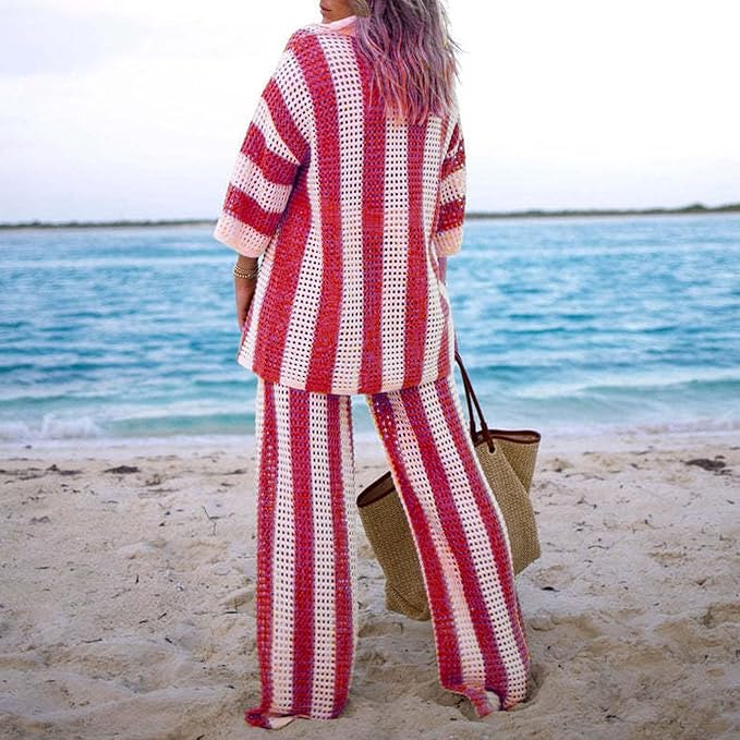 Amelia™ - Striped Hollow Out Top And Pants Set