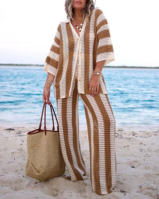 Amelia™ - Striped Hollow Out Top And Pants Set