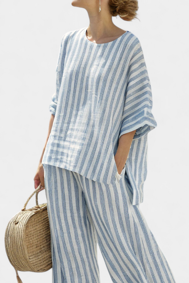 Rensleigh | Sophisticated Blue Striped Linen Top & Relaxed Pants