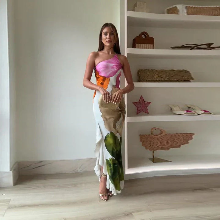 Ismena - Elegant Skew Neck Floral Maxi Dress