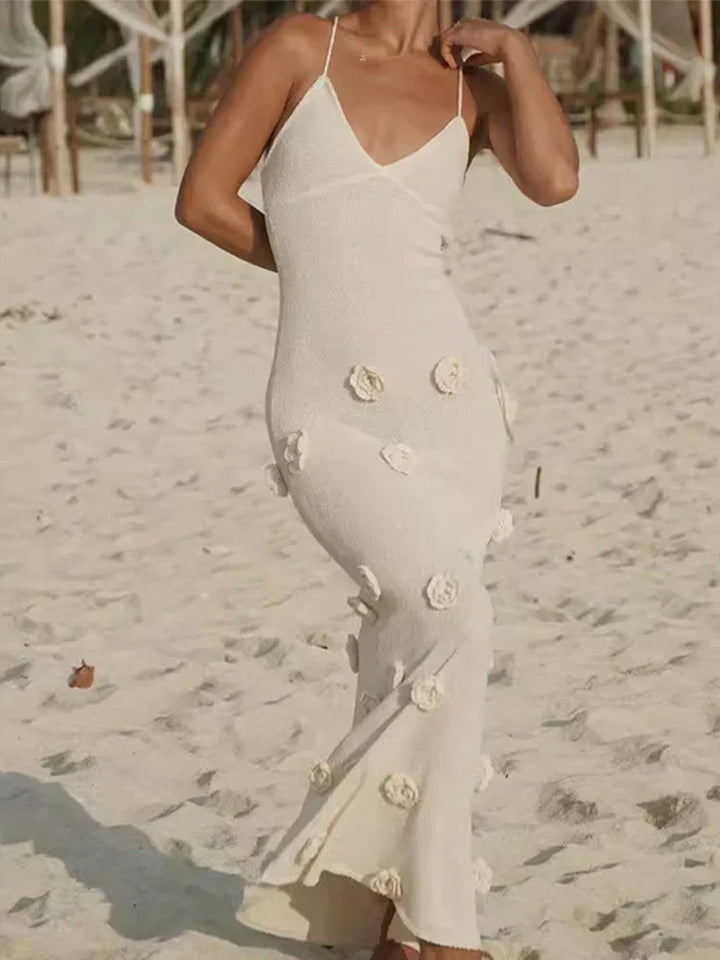 Mireille - Deep-V Neck Flower Bodycon Dress