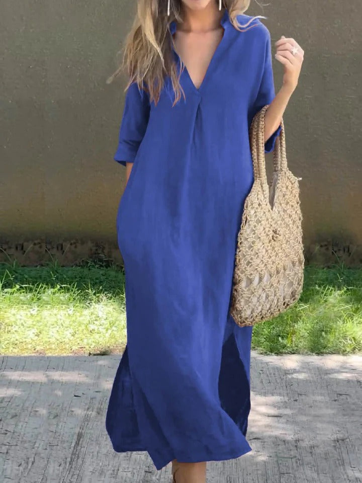 Ishael - Solid V-Neck Long Loose Fit Dress